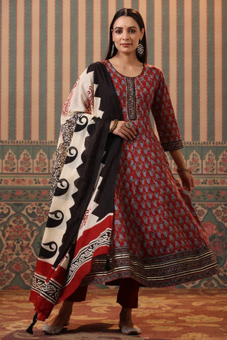 Women Maroon Ethnic Printed Aari Work Cotton Anarkali Kurta Set