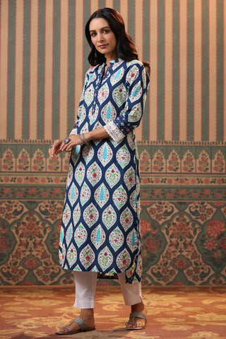 Women Blue Ethnic Motifs Printed Cotton Straight Kurta