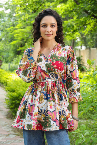 Women White Tribal Print Empire Top