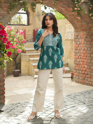 Women Teal & Off-White Printed Sequined Pure Cotton Kurti