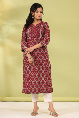 Women Maroon Ethnic Printed Pure Cotton Straight Kurta