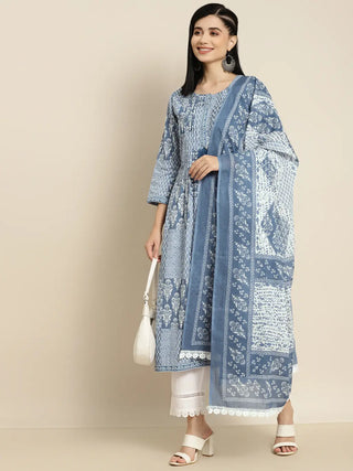 Women Blue coloured ethnic motifs sequinned pure cotton A line kurta with trousers & with dupatta