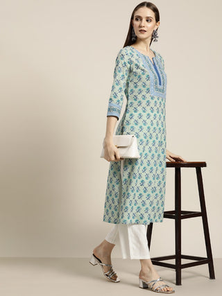 Women Green & Blue Floral Printed Straight Kurta