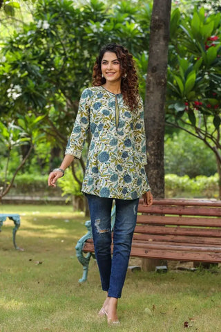 Women Blue & Cream Ethnic Motifs Printed Pure Cotton Kurti