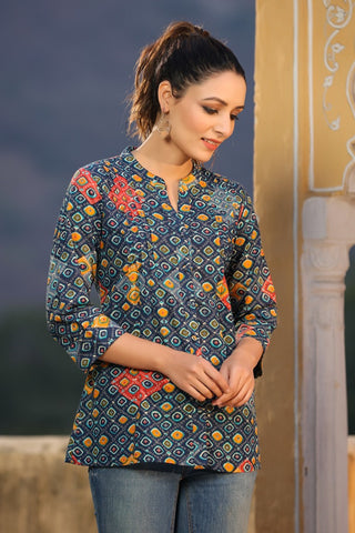 Women Navy Blue Bandhani Printed Aline Cotton Kurti