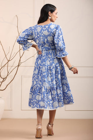 Women Blue and White Floral Fit & Flare Dress