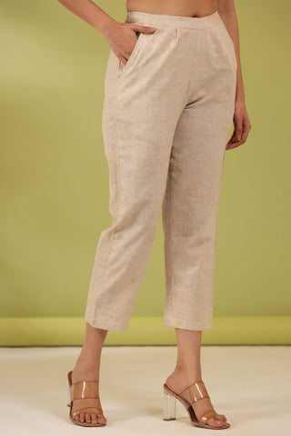 Women Textured Cotton Pleated Cigarette Trousers