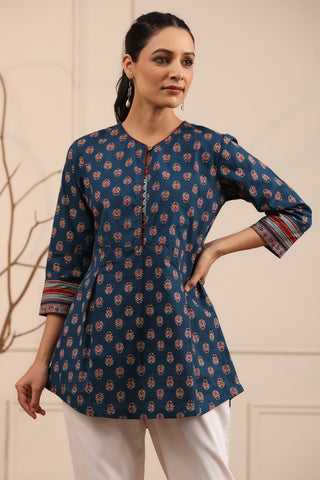 Women Navy Blue Ethnic Motifs Printed A-Line Kurti