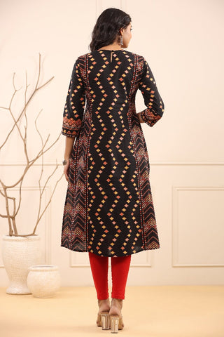 Women Black Ethnic Motifs Printed Cotton Straight Kurta