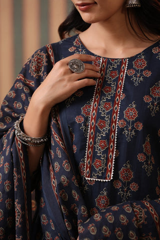 Women Blue Ethnic Printed Pure Cotton Kurta Set