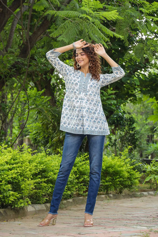 Women Blue and Off-White Printed A-Line Kurti