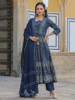 Women Panel Printed Navy Blue Anarkali Kurta With Trouser and Dupatta