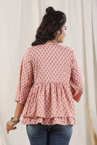 Women Peach Ethnic Motifs Printed Tie-Up Neck Peplum Top