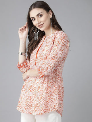 Women Orange & White Ethnic Printed Sequinned Pure Cotton Kurti