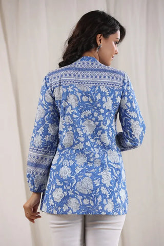 Women Blue Floral Print Mandarin Collar Cotton Top