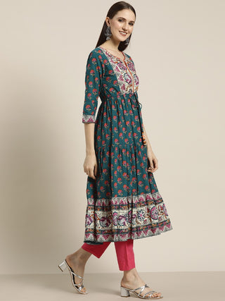 Women's Teal & Beige Floral Printed Anarkali Kurta