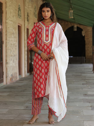 Women Red Ethnic Motifs Printed Pure Cotton Staight Kurta With Printed Trousers & Dye Dupatta