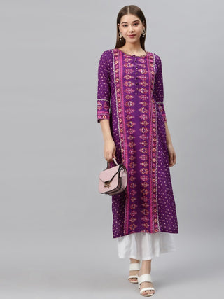 Women Purple & Pink Pure Cotton Screen Printed Straight Kurta