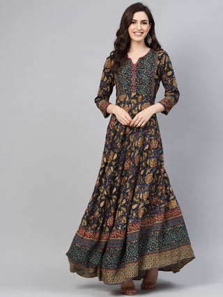 Women Navy Blue Printed Long Maxi Dress