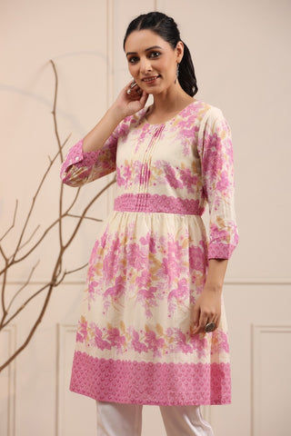 Women Cream and Pink Floral Printed A-Line Tunic