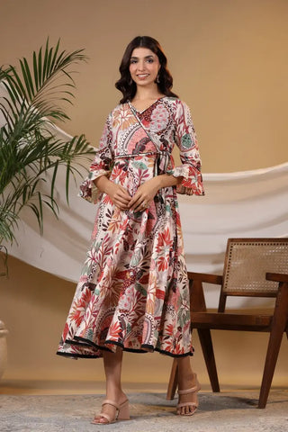 Women Tropical Printed Bell Sleeves Pure Cotton Wrap Midi Ethnic Dress