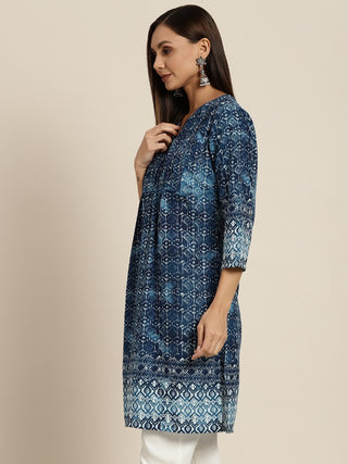 Women Navy Blue and White Ethnic Motifs Printed Tunic Top