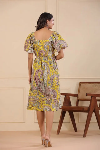 Women Yellow A-line Floral Printed Dress