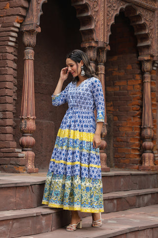 V-Neck Three-Quarter Sleeves Pure Cotton Ethnic Dress