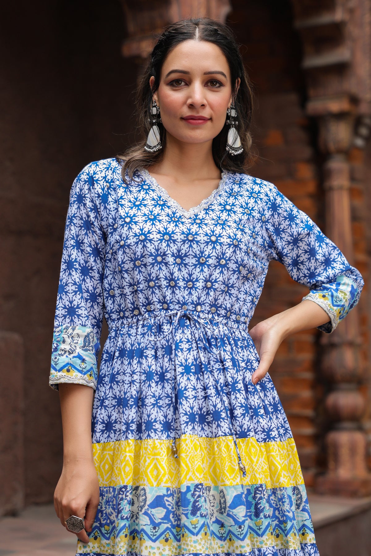 Floral Printed V-Neck Three-Quarter Sleeves Pure Cotton Ethnic