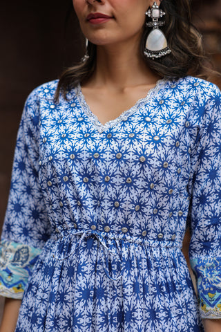 Floral Printed V-Neck Three-Quarter Sleeves Pure Cotton Ethnic Dress