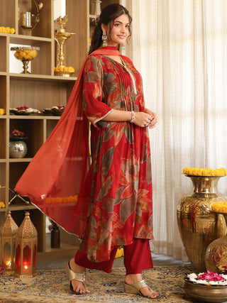 Maroon Floral Chanderi A-Line Kurta Set with Pocket