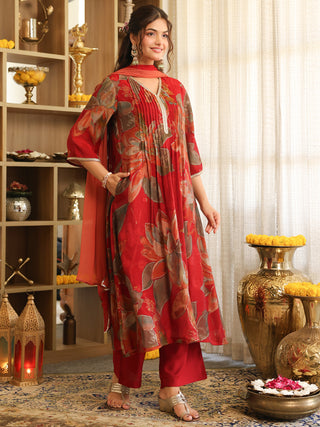 Maroon Floral Chanderi A-Line Kurta Set with Pocket