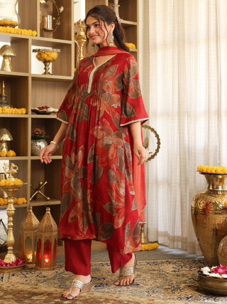 Maroon Floral Chanderi A-Line Kurta Set with Pocket