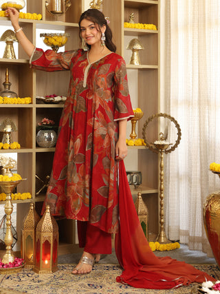 Maroon Floral Chanderi A-Line Kurta Set with Pocket