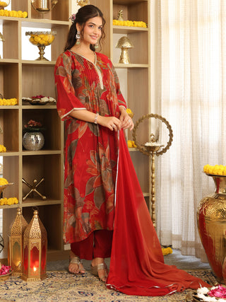 Maroon Floral Chanderi A-Line Kurta Set with Pocket