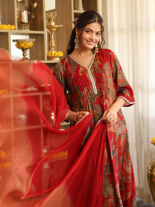 Maroon Floral Chanderi A-Line Kurta Set with Pocket