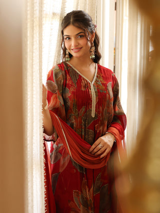 Maroon Floral Chanderi A-Line Kurta Set with Pocket
