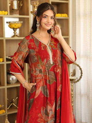 Maroon Floral Chanderi A-Line Kurta Set with Pocket
