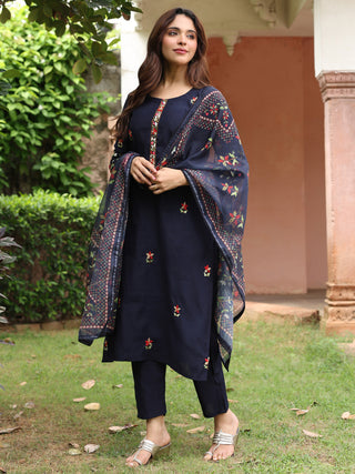 Navy Blue Floral Embroidered 3-Piece Straight Kurta Set