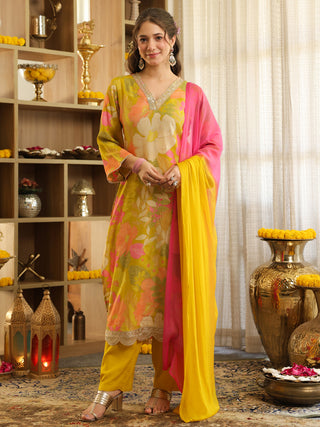 Lime Yellow Floral Print Straight Kurta Set with Pocket
