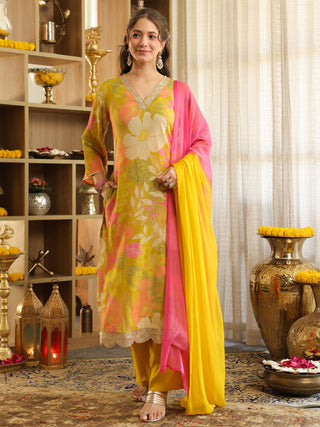 Lime Yellow Floral Print Straight Kurta Set with Pocket