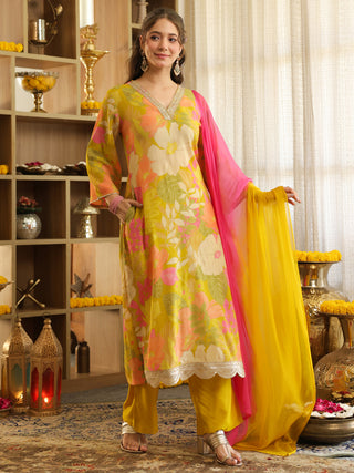 Lime Yellow Floral Print Straight Kurta Set with Pocket