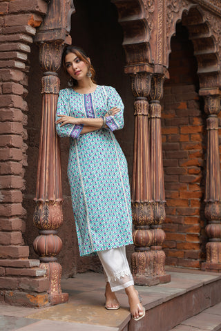 blue ethnic motifs printed kurta