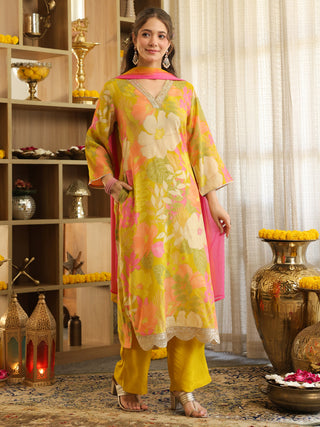 Lime Yellow Floral Print Straight Kurta Set with Pocket