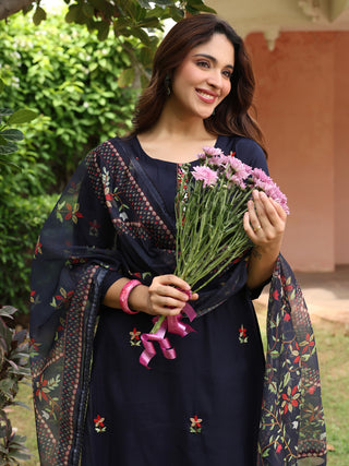 Navy Blue Floral Embroidered 3-Piece Straight Kurta Set