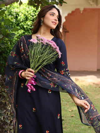 Navy Blue Floral Embroidered 3-Piece Straight Kurta Set