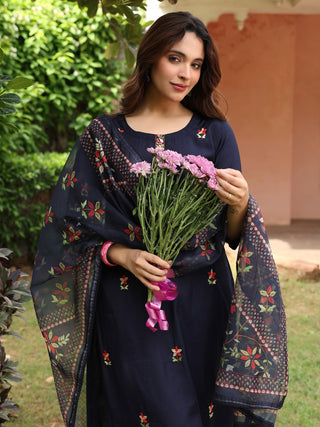 Navy Blue Floral Embroidered 3-Piece Straight Kurta Set