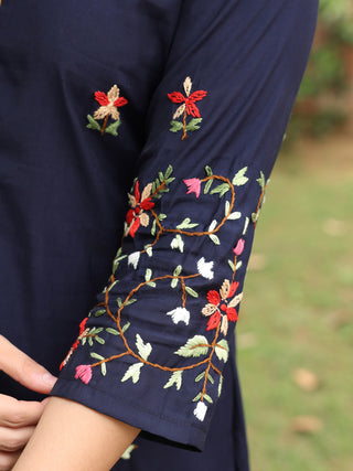 Navy Blue Floral Embroidered 3-Piece Straight Kurta Set
