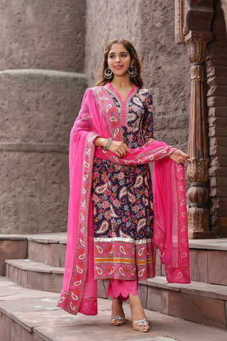 Ethnic Motifs Printed Pure Cotton Anarkali Kurta & Trouser & Dupatta