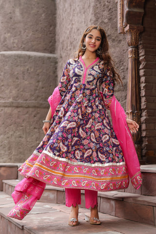 Ethnic Motifs Printed Pure Cotton Anarkali Kurta & Trouser & Dupatta